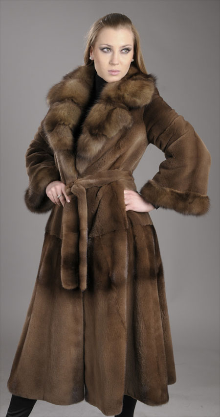 Princess style sheared mink fur coat with sable fur collar