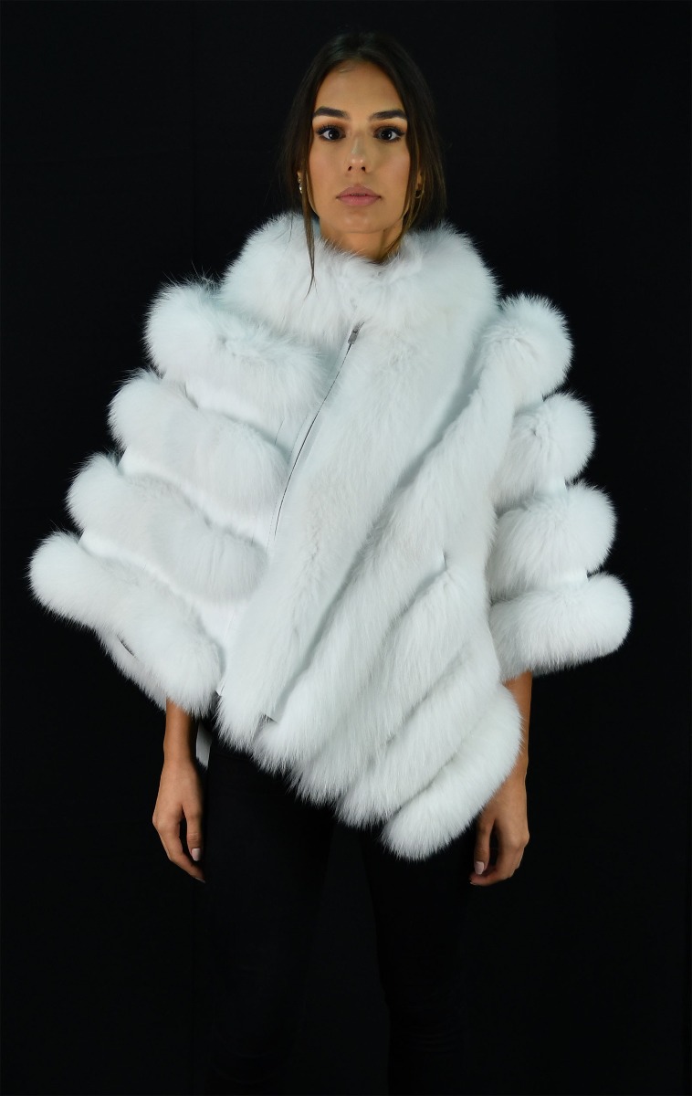 White SAGA Fox Fur Cape with Leather - One Size fits most