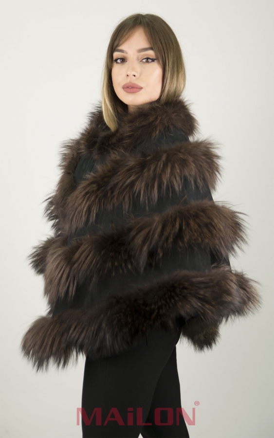 Brown SAGA Fox Fur Cape with Black suede leather – One Size Fits Most