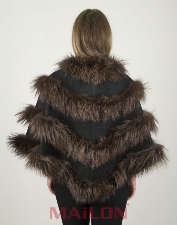 Brown SAGA Fox Fur Cape with Black suede leather – One Size Fits Most