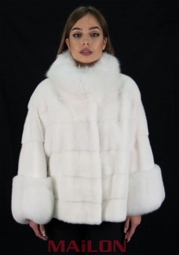 Pure White Mink Jacket with pelts across and Blue Shadow Fox trim - Size M/L