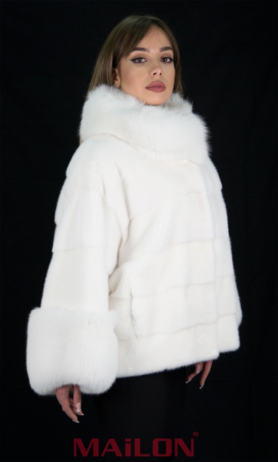 Pure White Mink Jacket with pelts across and Blue Shadow Fox trim - Size M/L