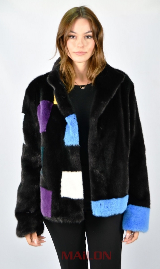 SAGA Black Mink fur jacket with colorful details - Size Medium
