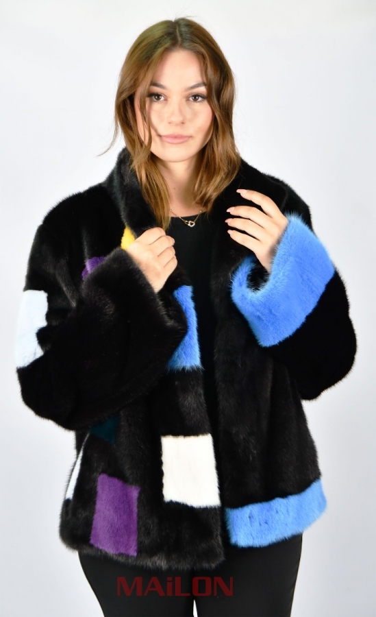 SAGA Black Mink fur jacket with colorful details - Size Medium