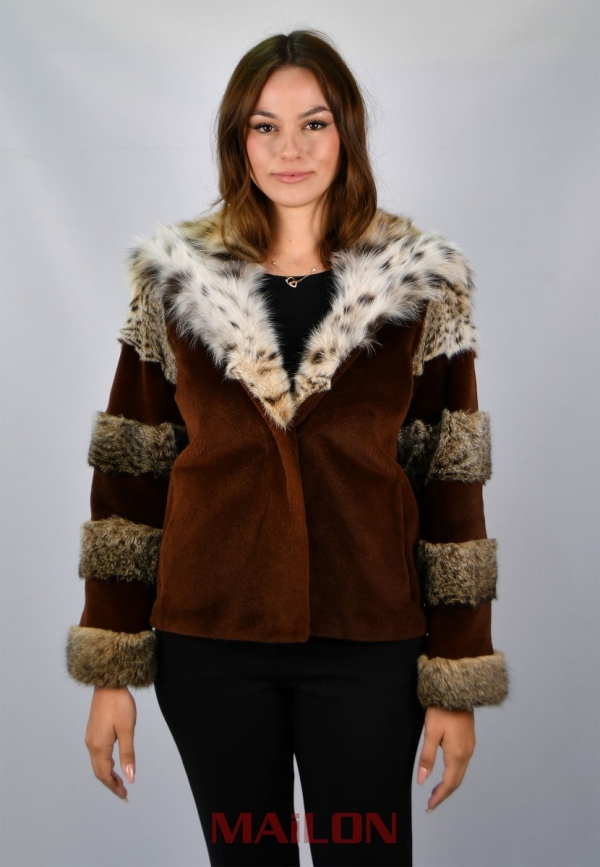 Hooded Mahogany / Chocola Mink fur jacket with Bobcat Size XS
