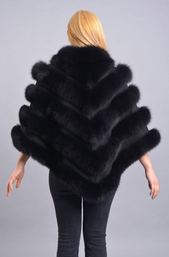 Black SAGA Fox Fur Cape with Leather - One Size fits most