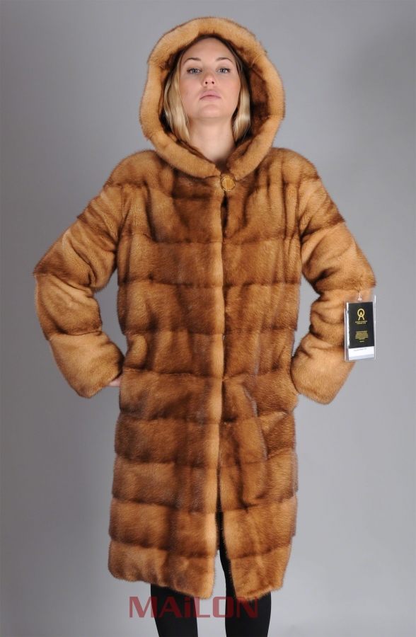 Hooded Golden Whiskey Mink Fur Coat Parka w pelts across - Size 2XL