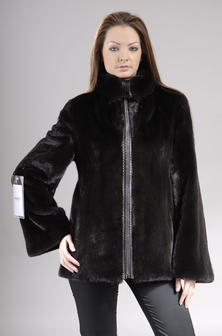 Black mink fur jacket with leather zipper