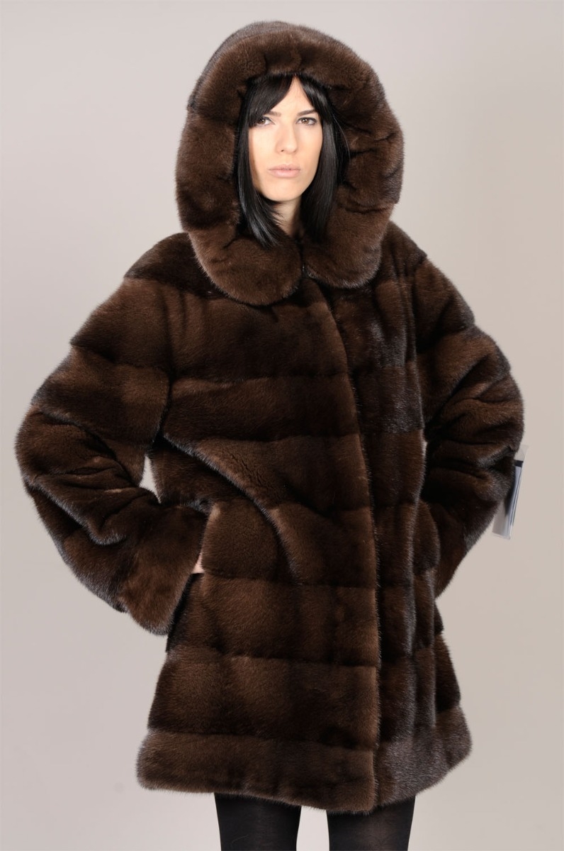 Hooded Demi Buff - brown - Mink jacket coat with pelts across
