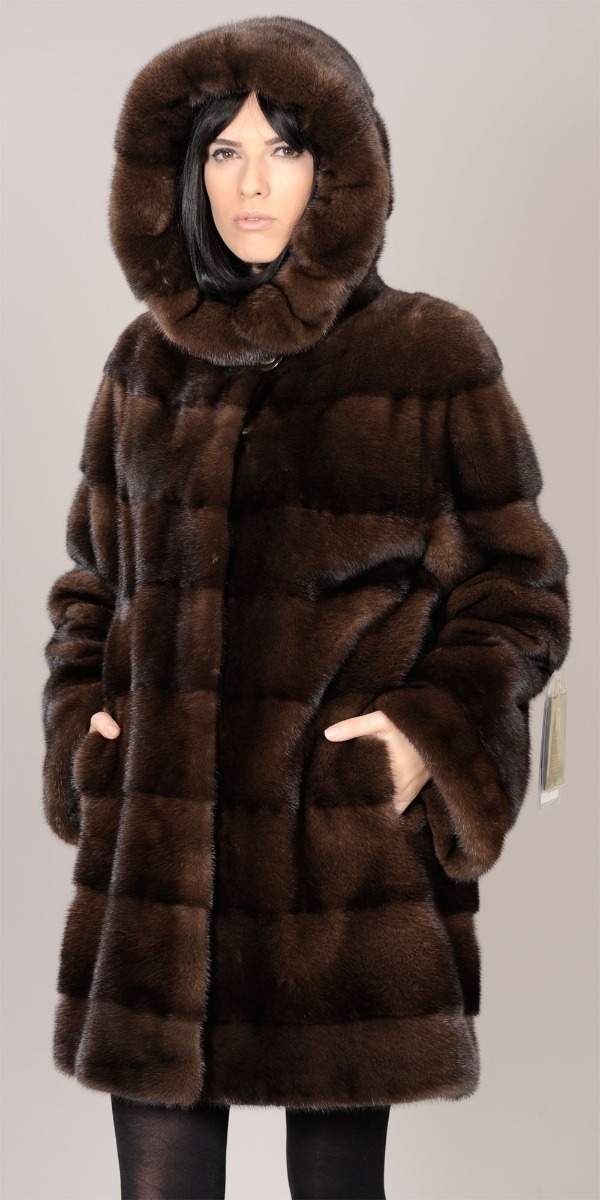 Hooded Demi Buff - brown - Mink jacket coat with pelts across